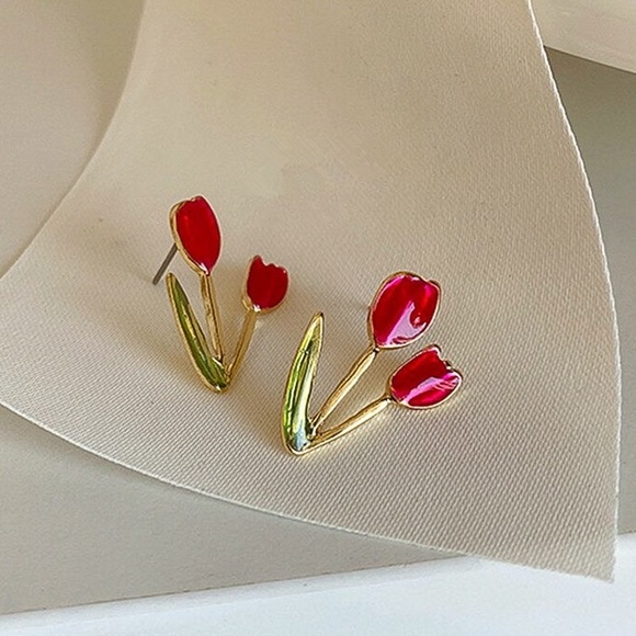 Any 2/$20! Gold & Red Double Tulip Stud Earrings - Picture 3 of 8